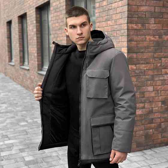 Парка чоловіча зимова з капюшоном сіро-чорна Pobedov Alpina Київ