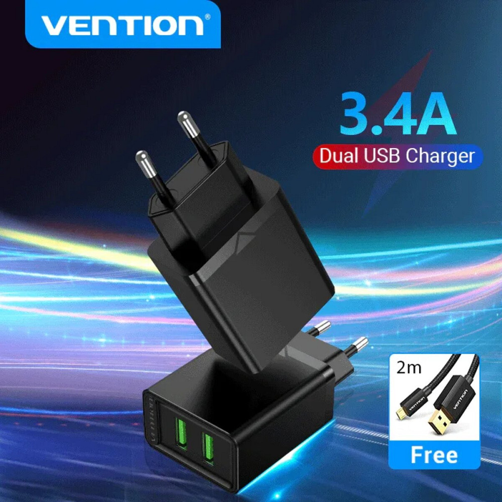 Зарядний пристрій Vention Two-Port USB(A+A) Wall Charger (18W/18W) EU-Plug Black (FBAB0-EU) Киев - изображение 1