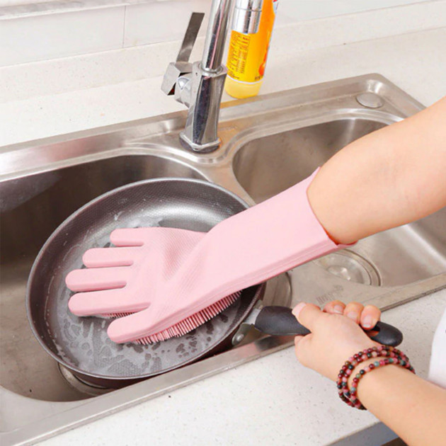 Силиконовые перчатки Magic Silicone Gloves Pink для уборки чистки мытья посуды для дома. Цвет: розовый JM-36 Львов - изображение 2