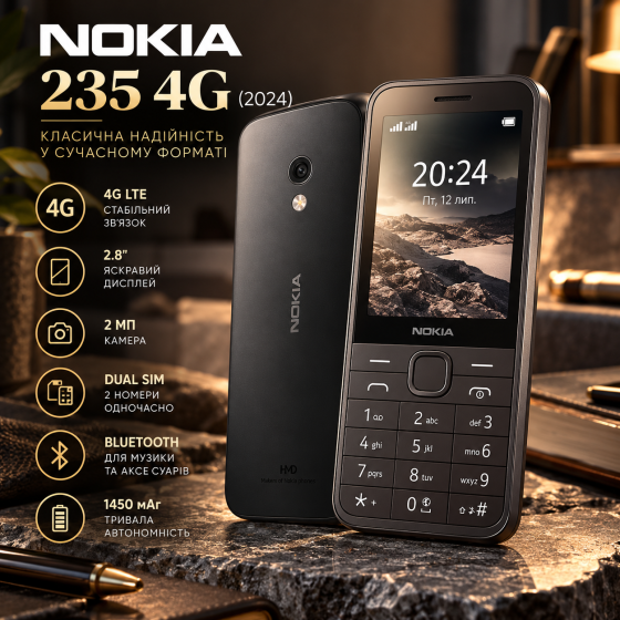 Мобільний телефон Nokia 235 4G (2024) Dual SIM Black, 2.8", 4G LTE, камера 2 МП, Bluetooth, 1450 мАг, Global Version Київ