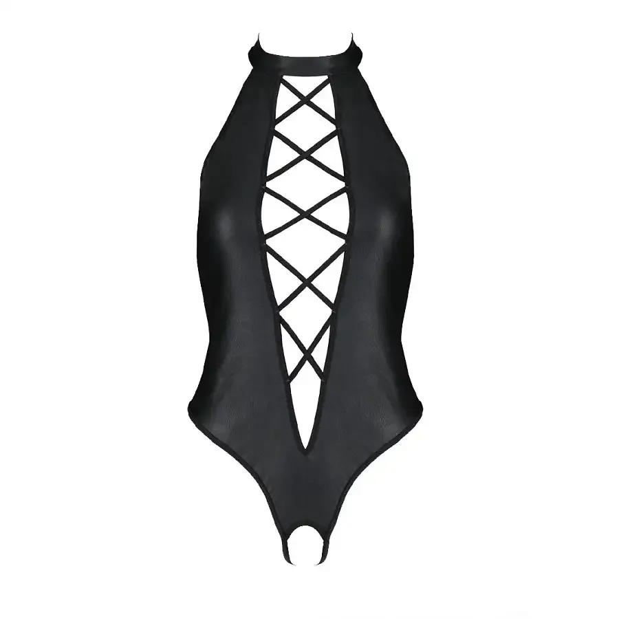 Боді з екошкіри Passion NANCY BODY 6XL/7XL black, з імітацією шнурівки та відкритим доступом Львов - изображение 3