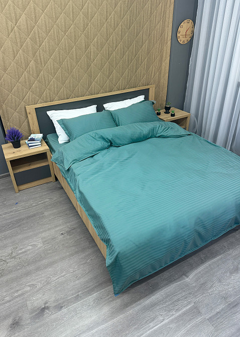 Комплект постільної білизни Страйп-сатин Полуторний з простирадлом на резинці 140х200х25, підковдра 150х220, 2 наволочки 70х70 Лазурний (88-214) Київ - фото 4