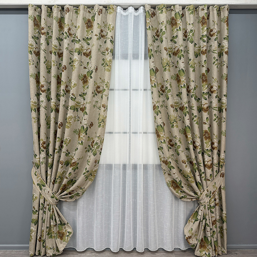 Комплект штор VR-Textil Лен Прованс 150х270 2шт и Тюль 400х270 2081ш-115т Бежевый с коричневым и белым 71-216/3 Киев - изображение 1