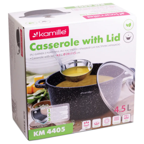 Каструля литий алюміній 4,5л 24*11,5см скляна кришка а/п Black marble 4405 KAMILLE Житомир - изображение 5
