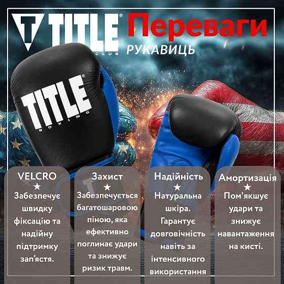 Боксерські рукавиці TITLE Boxing Dynamic Strike Black/Blue 16 oz (бинти 4м. у комплекті) Каменское