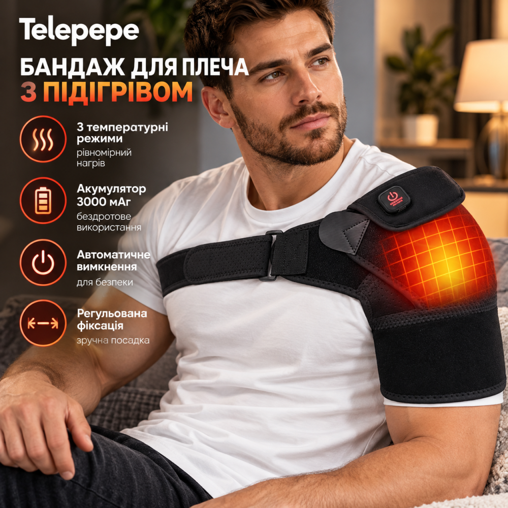 Бандаж для плеча з підігрівом Telepepe, акумуляторний 3000 мАг, 3 температури, автовимкнення, чорний Київ - фото 1