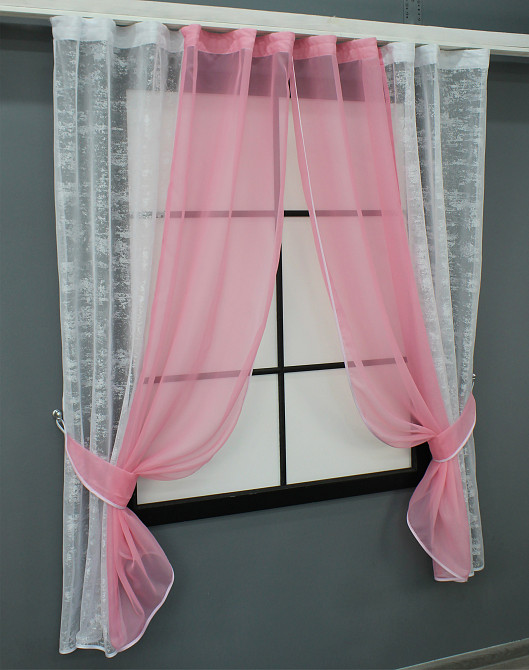 Кухонні шторки VR-Textil № 083к з підв'язками білий із рожевим 280х170 см (52-0912) Київ - фото 2