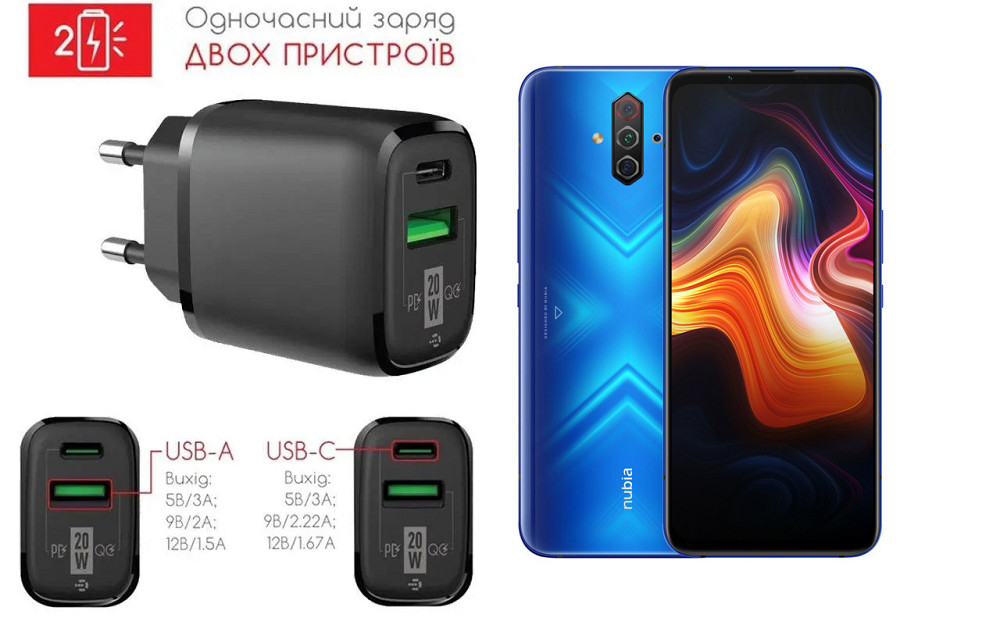 Мережевий зарядний пристрій для ZTE Nubia Play 5G, 20W 3A, Quick Charge 3.0 Київ - фото 1