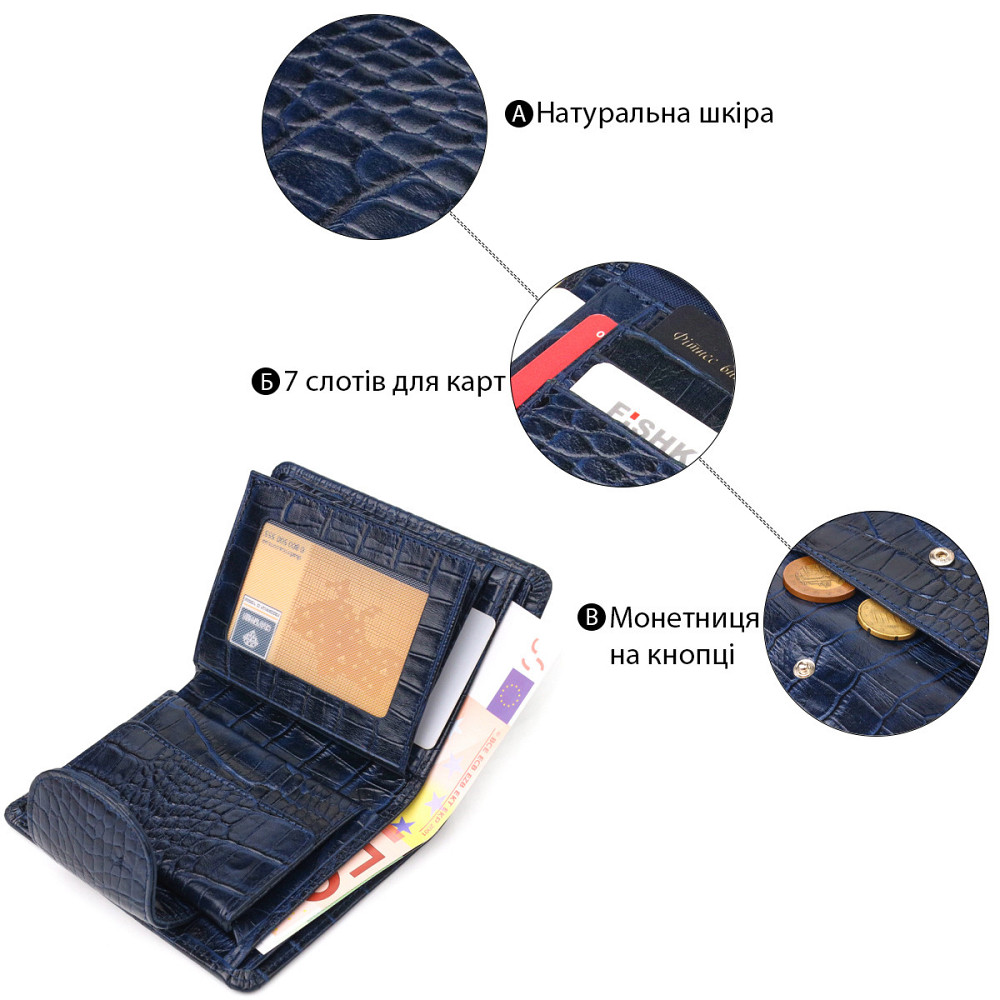 Практичный вертикальный женский кошелек из натуральной кожи с тиснением под крокодила CANPELLINI 21677 Синий Киев - изображение 4