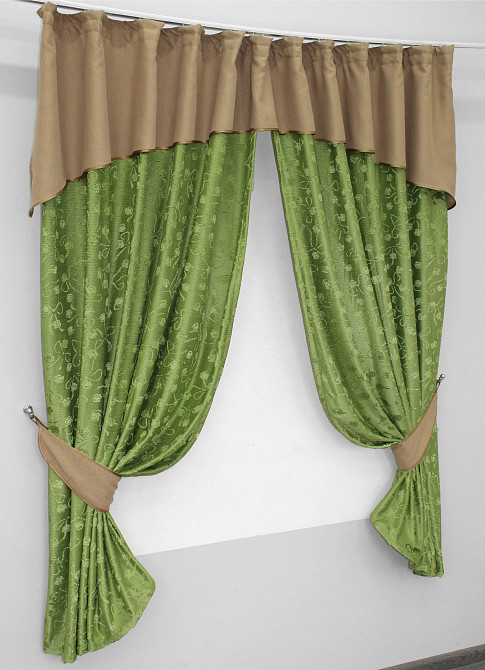 Кухонные шторы VR-Textil № 073к с ламбрекеном и подхватами темно-кофейный с оливковым 285х170 см (50-996) Киев - изображение 8