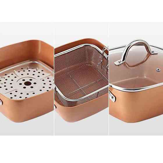 Сковорода-фритюрниця UNIQUE UN-5251 квадратна антипригарна з пароваркою та каструлею + скляна кришка 24 см ST-44 Львів