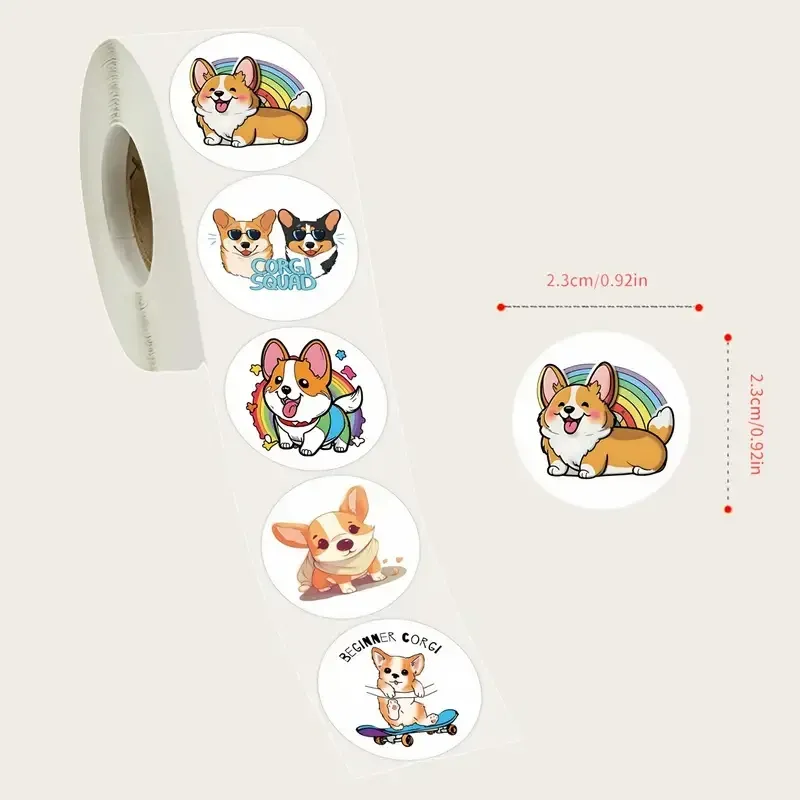 Рулон стикеров с корги – 500 штук, 6 милых дизайнов щенков Киев - изображение 2