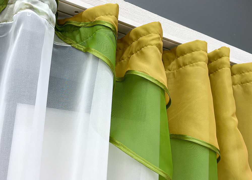 Кухонна занавіска VR-Textil № 114к ламбрекен і тюль оливковий з золотистим та білим 270х170 см (52-0611) Київ - фото 10