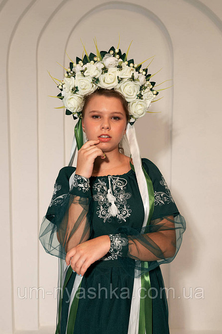 Ободок обруч з квітами "Сценічний біло-зелений" зі стрічками Кривий Ріг - фото 2