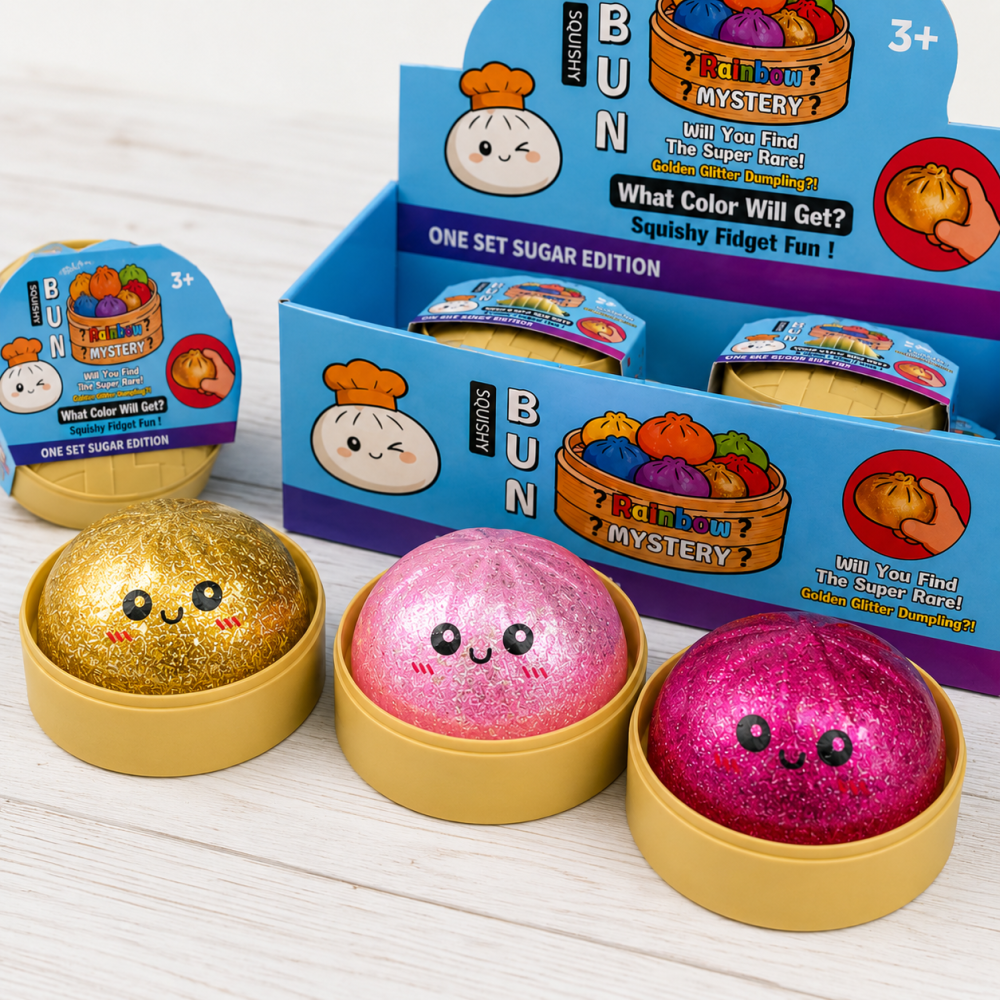 Сквіш-антистрес великий пельмень "Rainbow Mystery Bun" глітерний з орбізами в контейнері, 9 см Київ - фото 1