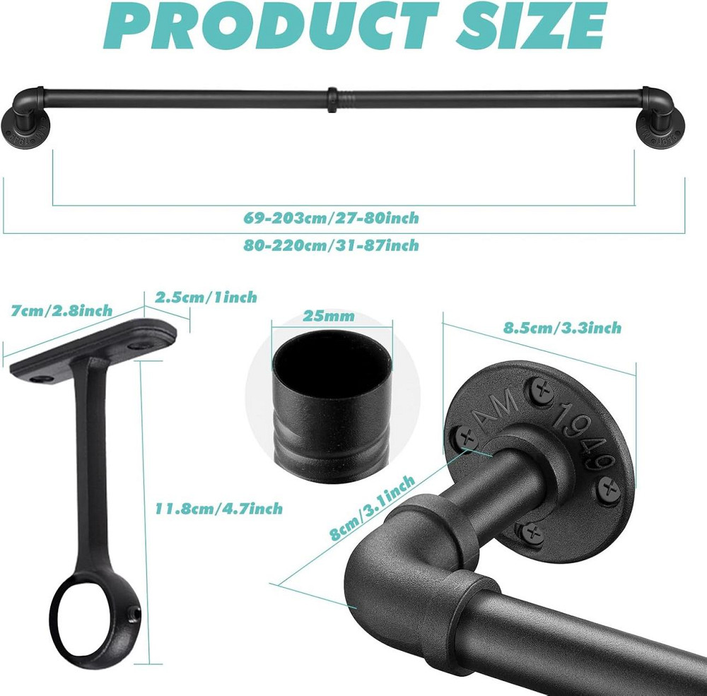 Карниз телескопічний CLG-S 80–220 см чорний металевий для штор настінний розсувний (телескопічні, торцеві, для вікон, ванної, Київ - фото 4