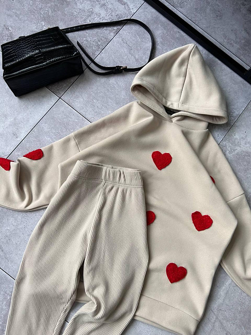 Женский теплый прогулочный костюм двойка с сердечками трехнить на флисе + ангора рубчик Беж, 46/48 Одесса - изображение 6