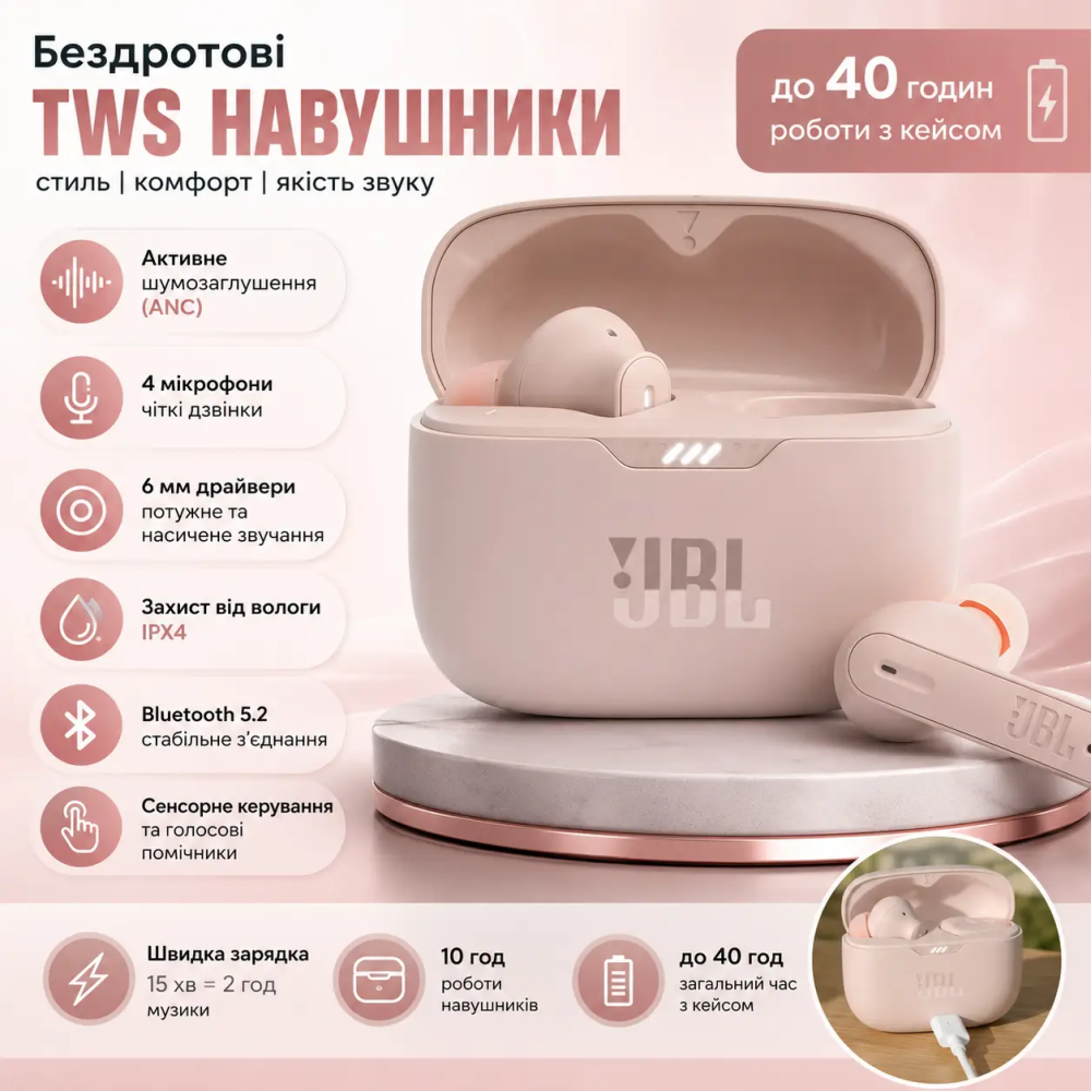 Беспроводные наушники Tune 230NC TWS Rose Gold с ANC, Bluetooth 5.2, до 40 часов работы, IPX4 Киев - изображение 1