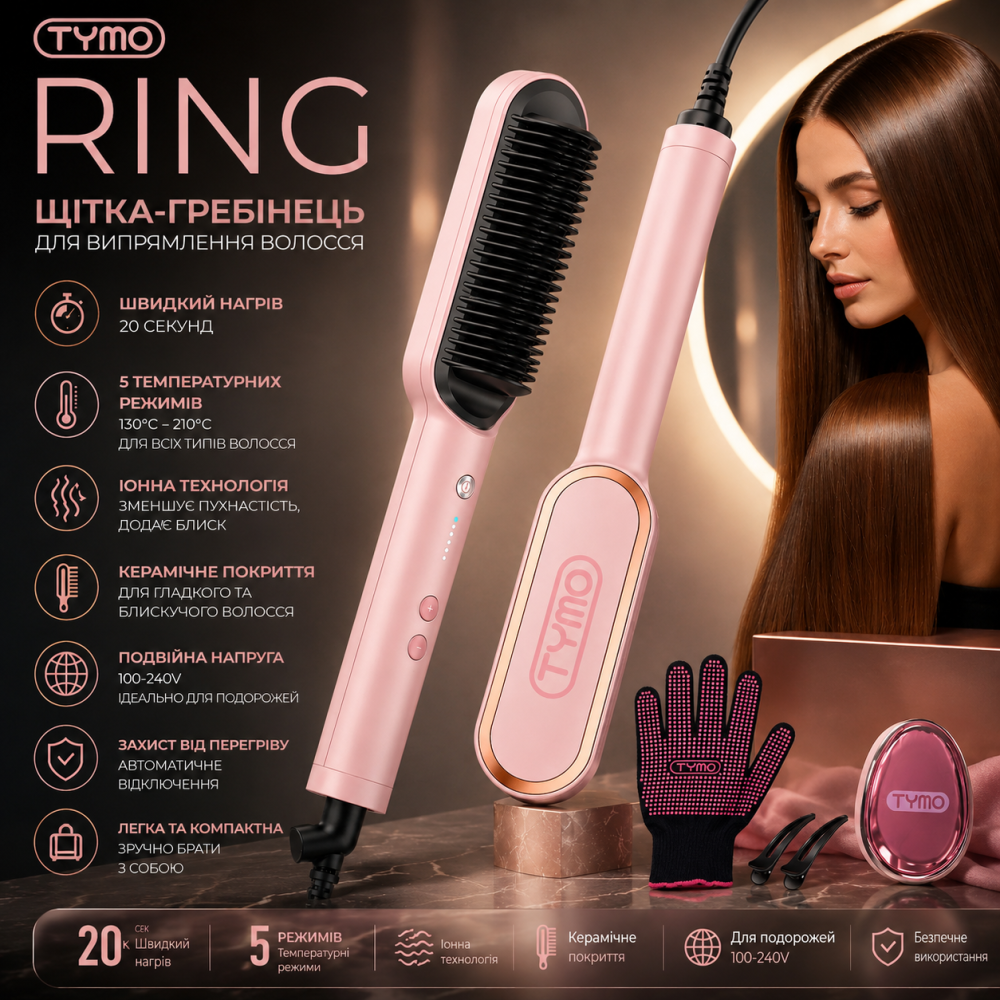 Щітка-випрямляч для волосся TYMO Ring Pink: Керамічний гребінець, 5 режимів, нагрів 20с, Колір Рожева Сакура Київ - фото 9