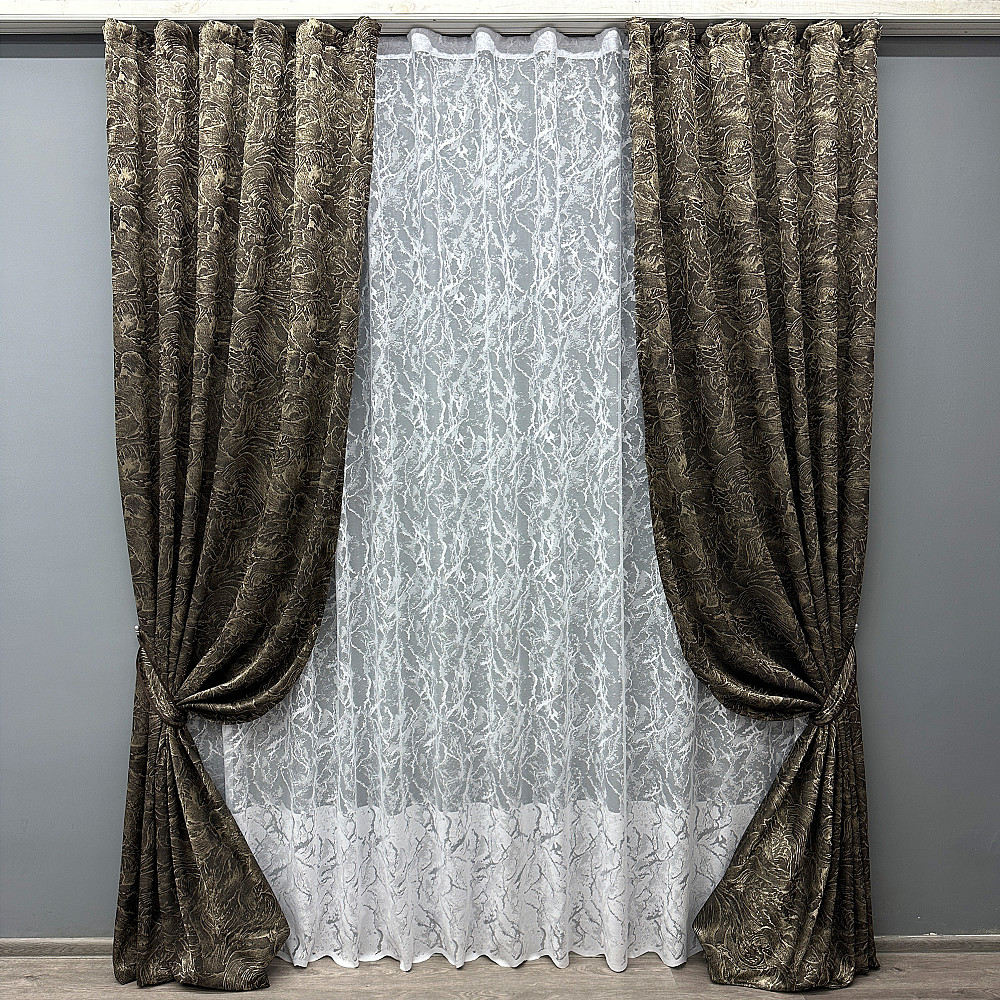 Комплект штор VR-Textil Жаккард Fantasy 150х270 2шт и Тюль 600х270 1632ш-1783т Венге с белым 71-051/5 Киев - изображение 1