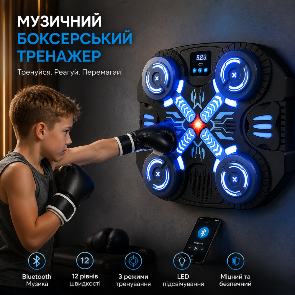 Музичний боксерський тренажер Reaction Boxing з Bluetooth, LED-підсвічуванням, 12 швидкостей, 3 режими, настінний Київ - фото 9
