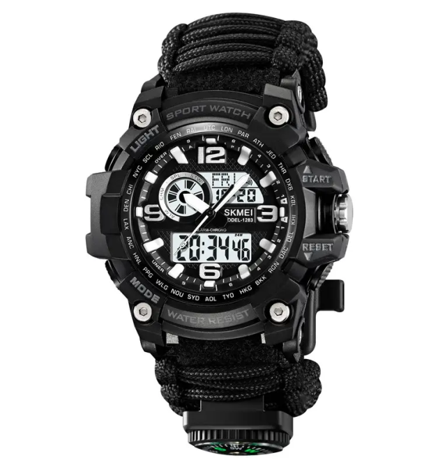 Годинник чоловічий спортивний наручний Skmei 1283 з паракордовим ремінцем (Чорний) Київ - фото 1