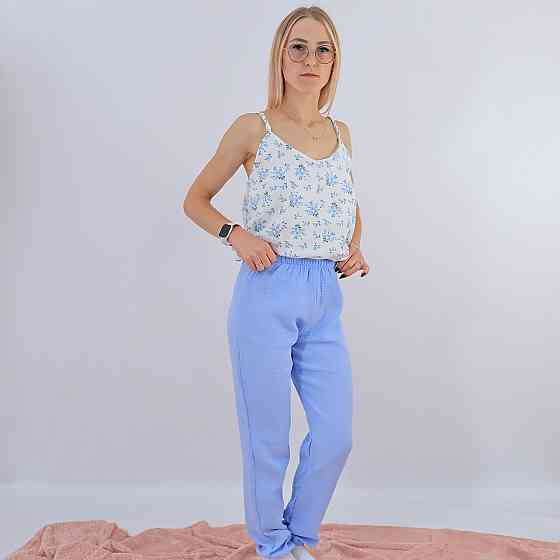 Бавовняна блакитна жіноча піжама три в одному майка з квіточками+штани+халат Кам'янець-Подільський