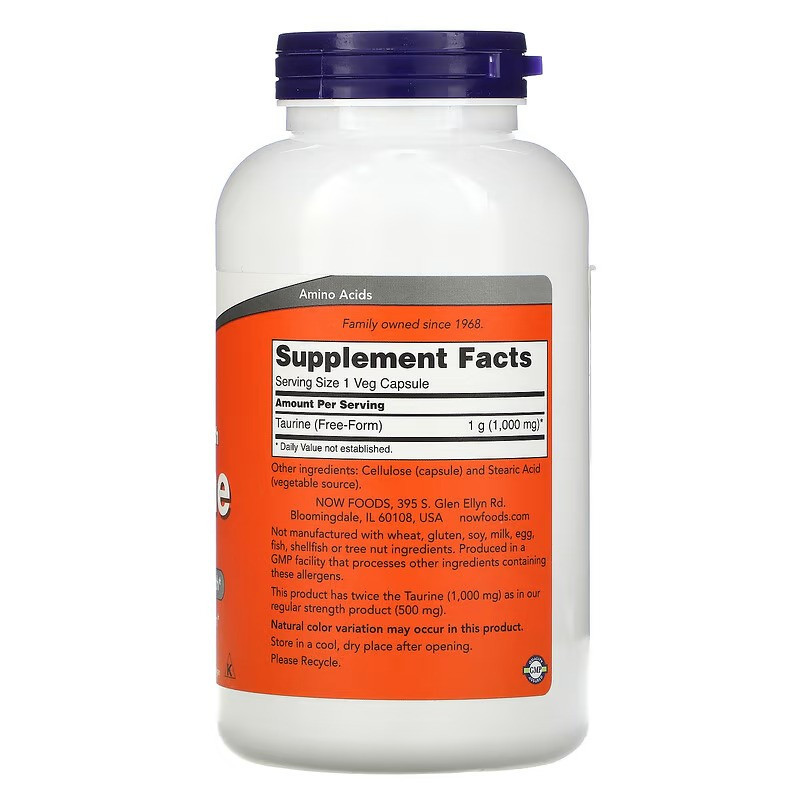 Таурин NOW Double Strength Taurine, 1,000 mg, 250 Veg Capsules Луцк - изображение 2