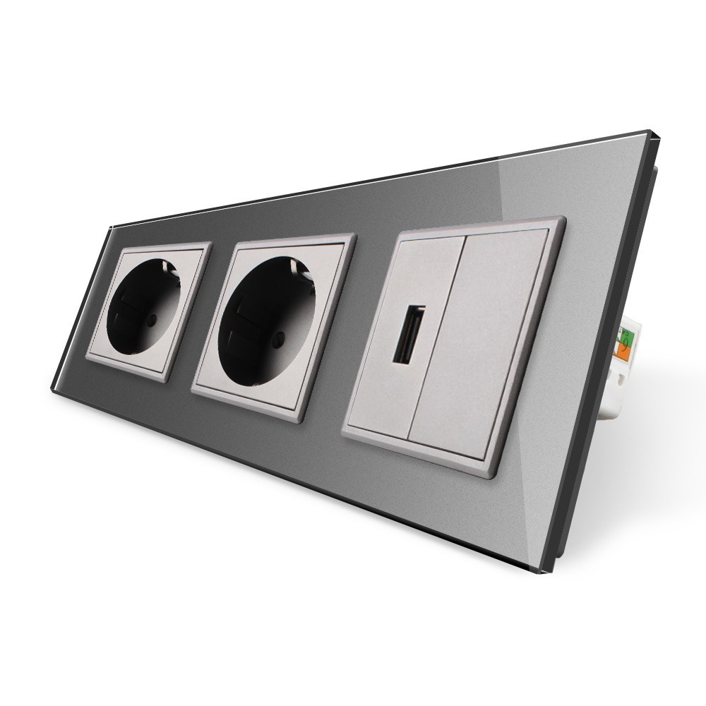 LIVOLO Розетка тримісна силова із заземленням і USB Livolo сірий скло (VL-C7C2EU1USB0-15) Коломия - фото 1