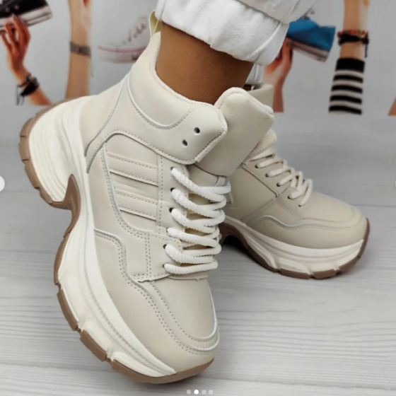 Жіночі зимові Бежеві Кросівки з МЕХОМ на Толстой Підошві Танкетке Ботинки Шкіряні Світлі (розміри: 36,37,38,39) - 8-4 Дніпро