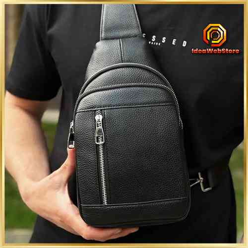 Стильная мужская сумка - бананка, слинг нагрудная из натуральной кожи на молнии чёрная TIDING BAG Киев