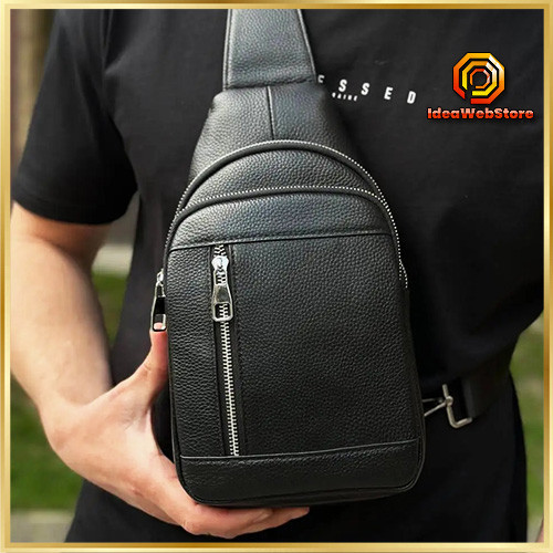 Стильная мужская сумка - бананка, слинг нагрудная из натуральной кожи на молнии чёрная TIDING BAG Киев - изображение 1