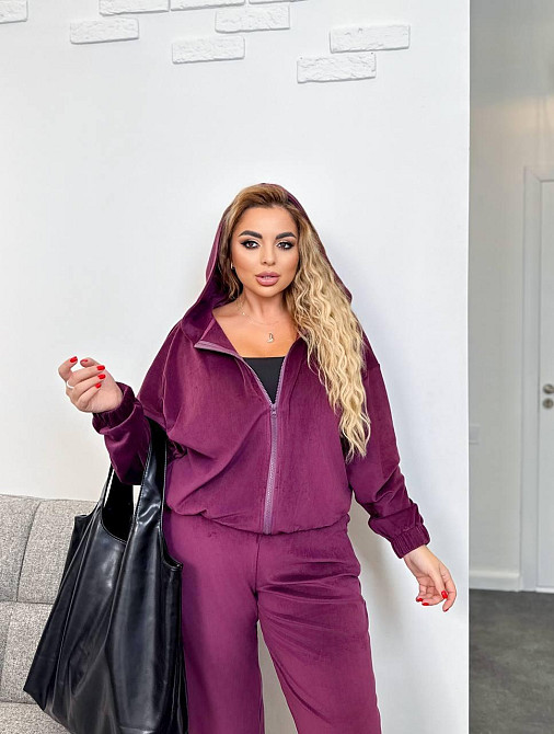 Жіночий теплий костюм-двійка: кофта та штани батал зі стразами велюр спорт на хутрі Марсала, 52/54 Одеса - фото 2