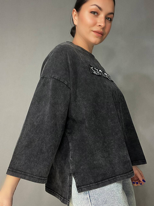 Футболка женская A-N 26029 оверсайз широкая вареная дай длинный рукав 3\4 с вышивкой впереди one siz Одесса - изображение 3