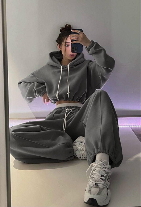 Женский утепленный стильный костюм двойка: худи и джоггеры трехнить на флисе Графит, 42/44 Одесса - изображение 1