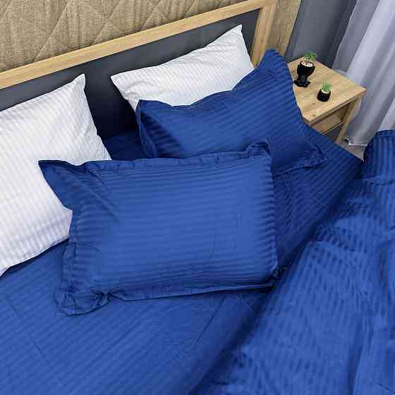Комплект постельного белья Страйп-сатин Двуспальный 180х220 с простыней на резинке Синий (88-090) Киев