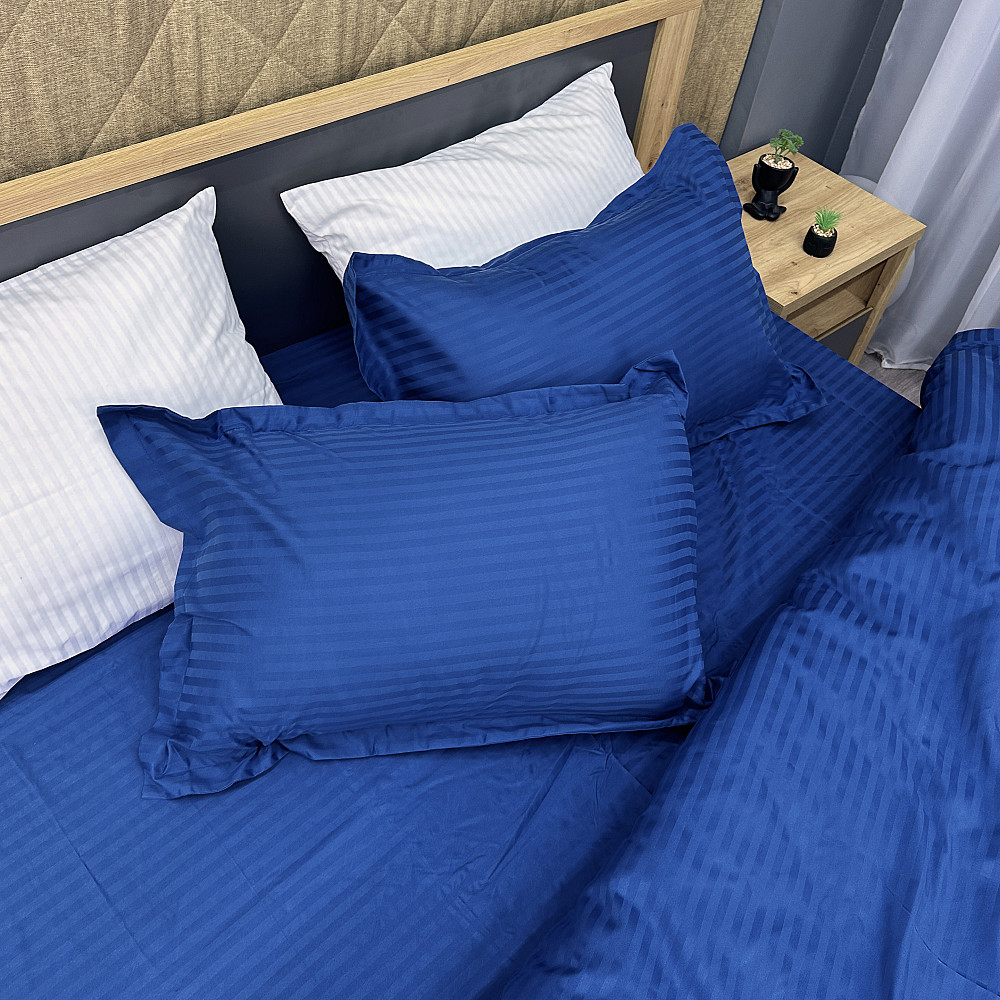 Комплект постельного белья Страйп-сатин Двуспальный 180х220 с простыней на резинке Синий (88-090) Киев - изображение 1