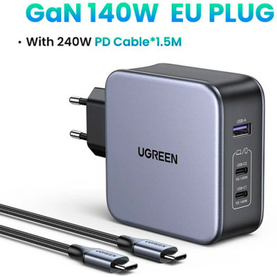 Зарядное устройство Ugreen 3xUSB 140W (2хUSB-C+USB-A) Gan CD289 with C to C Cable 1.5m (90549) Винница - изображение 3