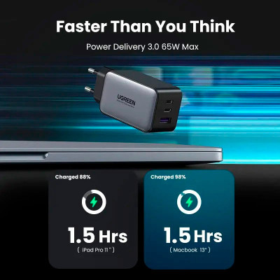 Зарядний пристрій Ugreen 3xUSB 65W GaN (2хUSB-C+USB-A) CD244 Grey (10335) Вінниця - фото 4