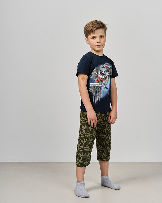 Комплект з капрі підлітковий Nicoletta — листя на шортах — Family look тато/син 89906 12-13, Синій Київ - фото 1