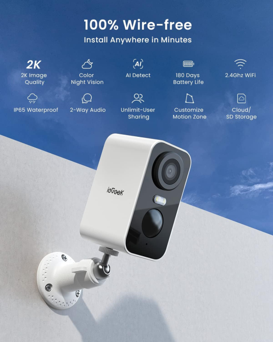 Беспроводная Wi-Fi камера видеонаблюдения ieGeek ZS-GX3S 2K, аккумуляторная, цветное ночное видение, PIR, сирена, прожектор, Alexa Киев - изображение 3