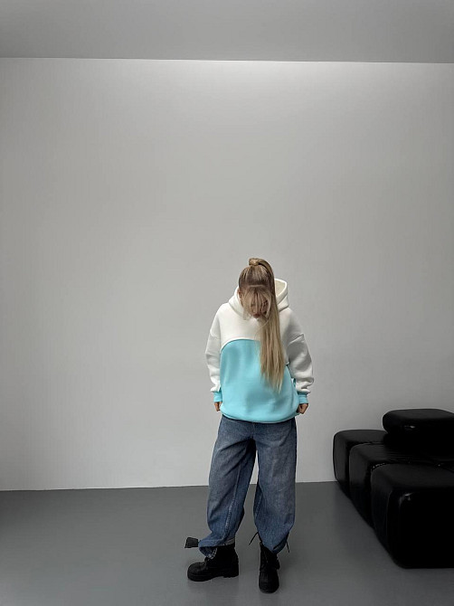 Женская базовая теплая худи на флис турецкая трехнить Бирюза Одесса - изображение 6