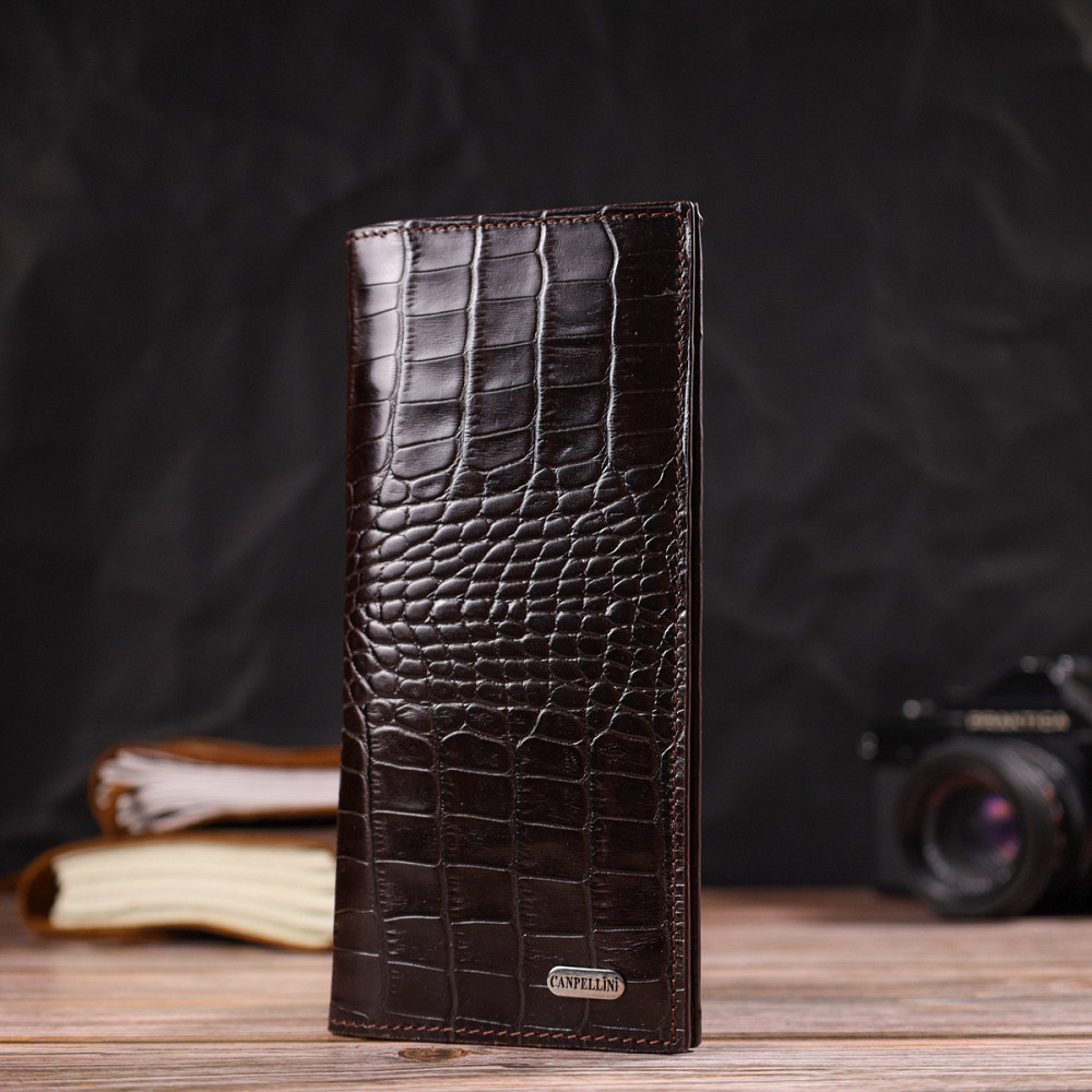 Практичний чоловічий вертикальний гаманець із натуральної шкіри з тисненням під крокодила Коричневий (CANPELLINI) Київ - фото 2