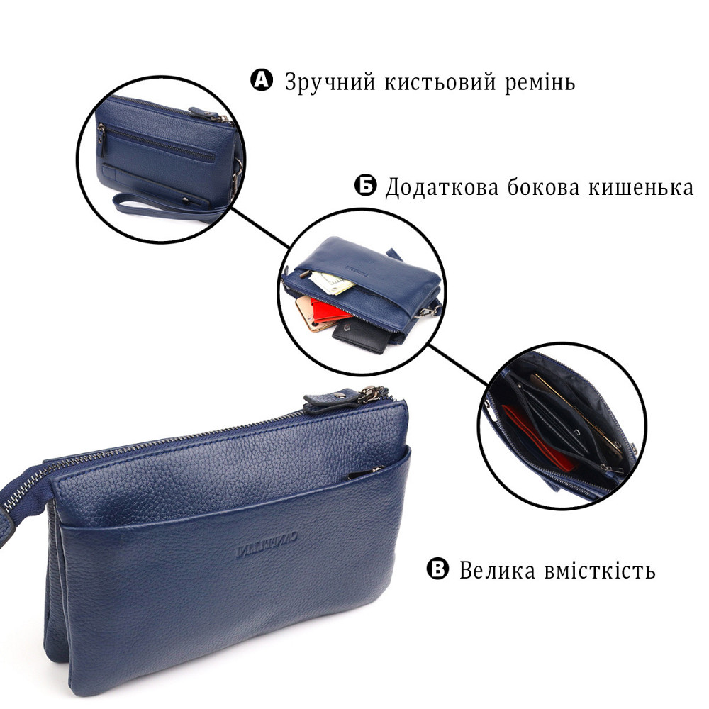 Оригинальный мужской клатч из натуральной зернистой кожи CANPELLINI 21555 Синий Киев - изображение 4