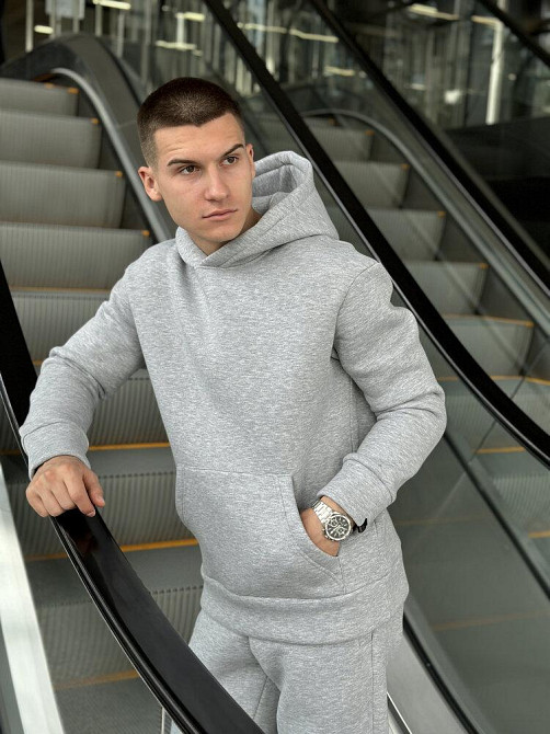 Теплое мужское худи на флисе с капюшоном серое меланжевое Pobedov 008 ЗИМА Киев - изображение 5
