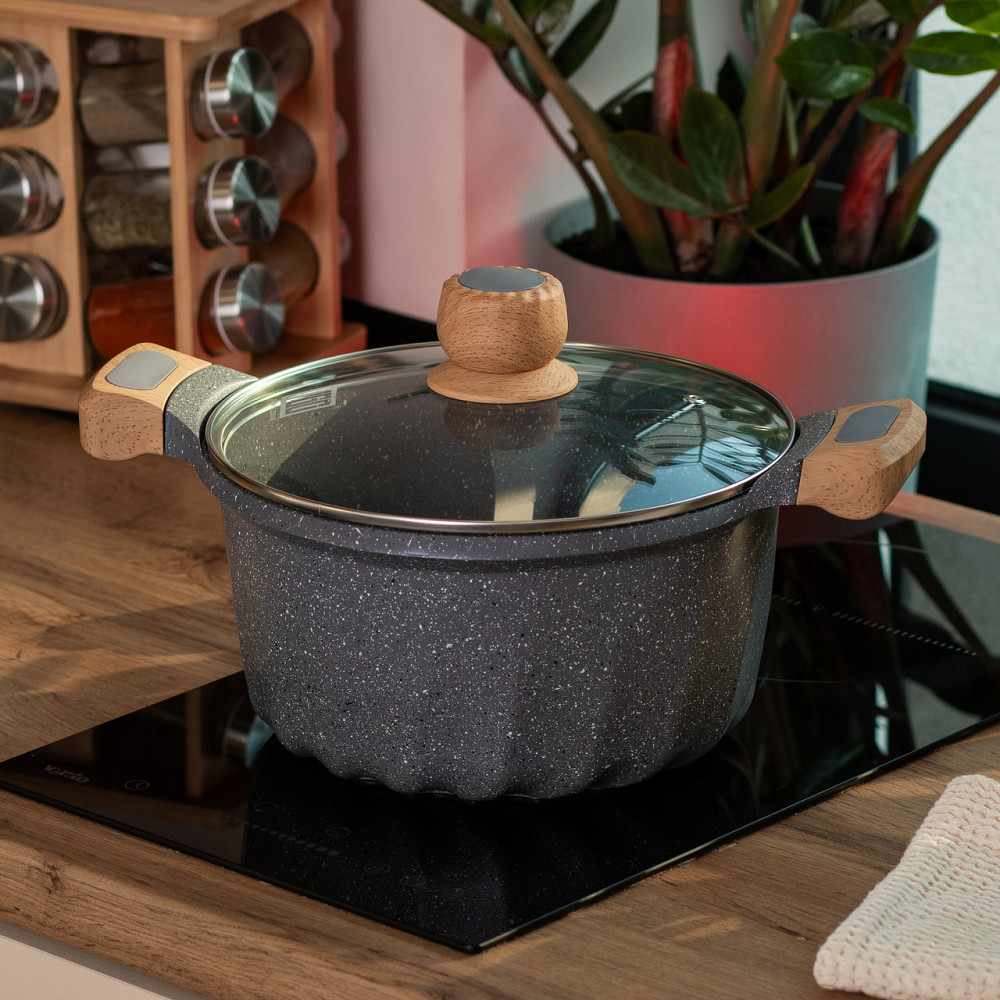 Алюмінієва каструля об'ємом 5 літрів з кришкою Ø 24 см з мармуровим антипригарним покриттям MGC сіра HP-4-433G Коломия - фото 5