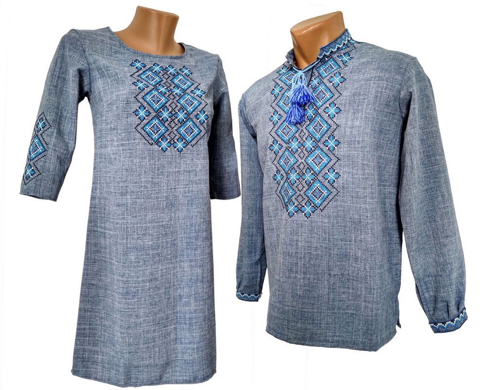 Вишите плаття в синьому кольорі з геометричним орнаментом  і вишитим рукавом Київ - фото 2