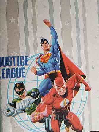 Метрові вінілові шпалери на флізеліні AdaWall Ada Kids дитячі супермен смуги зірки бежеві блакитні Київ