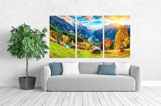 Модульная картина в гостиную / спальню   Хатинки в горах    ART-202_3A 70х130 см Киев