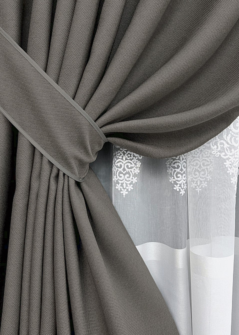Комплект штор VR-Textil рогожка преміум TERRA LUXE 150х270 2шт і Тюль 600х270 1856ш-1704т Темно-сірий з білим 71-110/5 Київ - фото 4